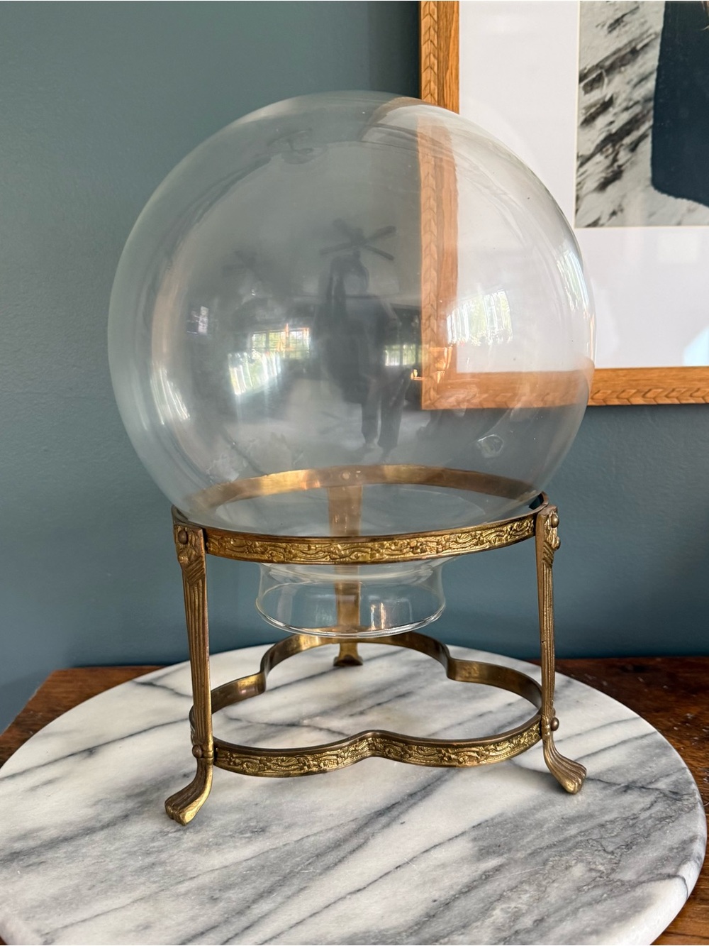Vintage glass globe brass ornate stand India fish bowl terrarium unique clear